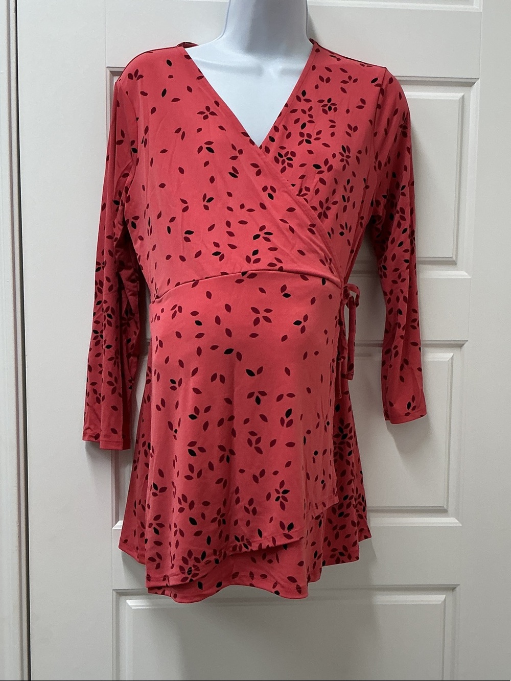 Women's  Wrap Maternity Top with Maroon/Black Leaf Print